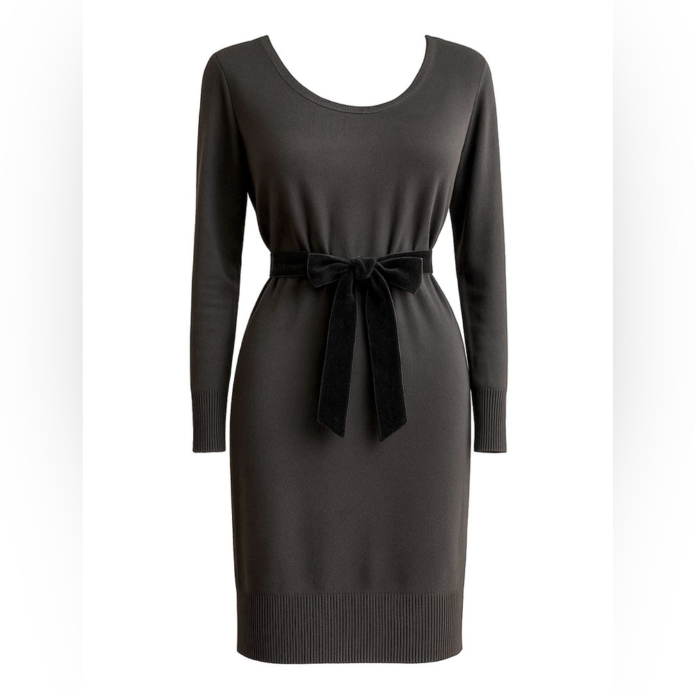 LOFT Black Knit Sweater Dress – Dolman Sleeve, Velvet Waist Tie, Size S